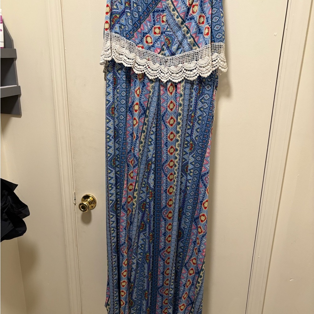 Bohemian Blue Maxi Dress with Lace Trim